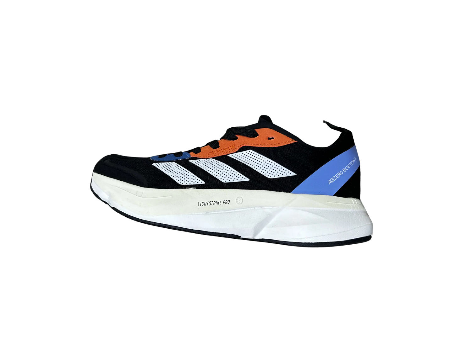 A single Adidas Yeezy Boost 380 sneaker shown from a side profile view against a plain white background. The shoe features a black upper with white mesh panels, a prominent orange flame design, a blue heel accent, and a thick white midsole with 'BOOST 380' printed vertically.