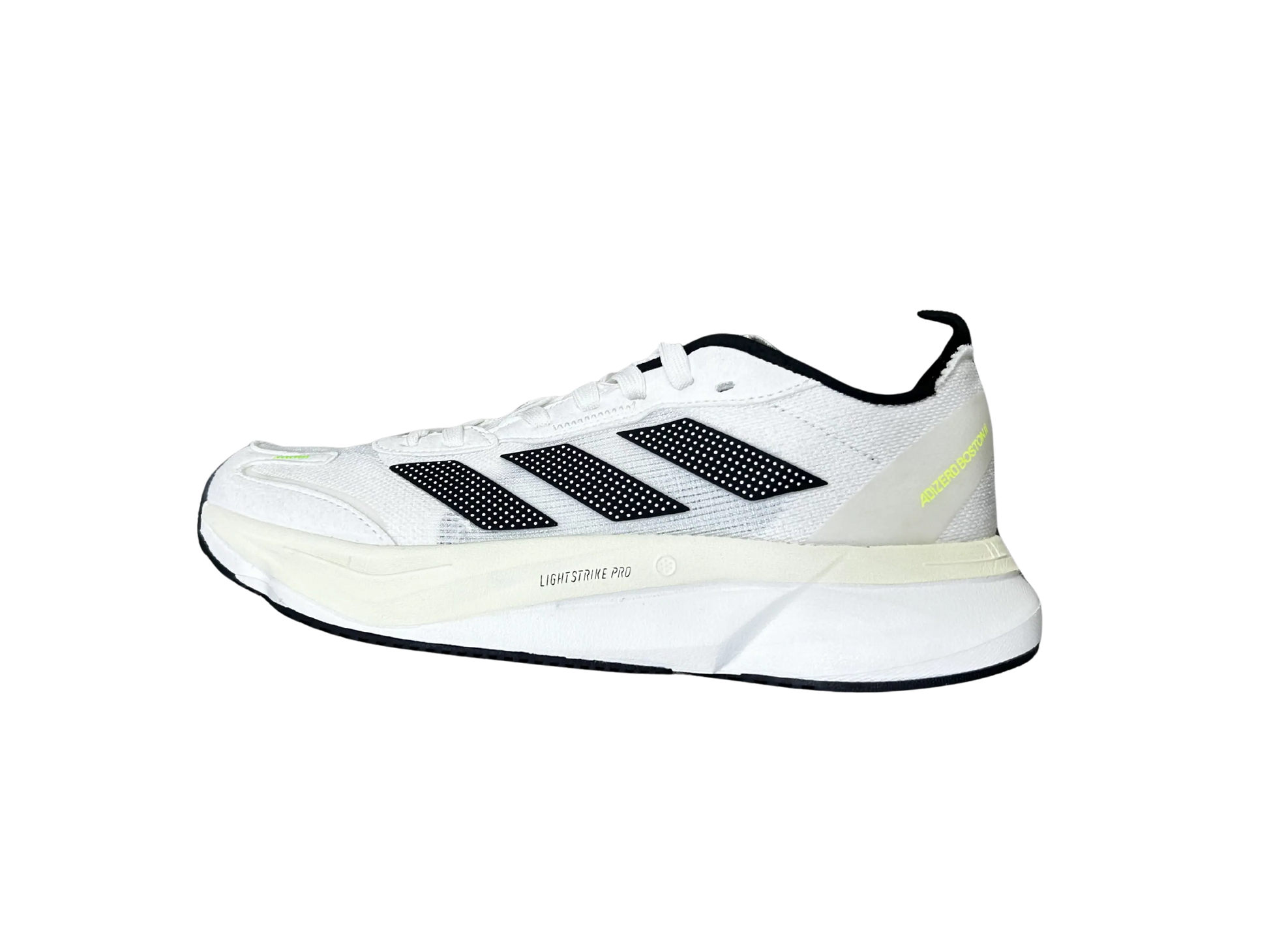A white Adidas running shoe shown from a side profile view against a solid white background, featuring black three-stripes and a white midsole.