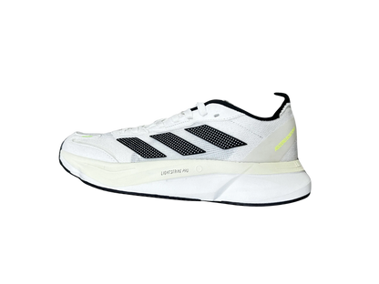 A white Adidas running shoe shown from a side profile view against a solid white background, featuring black three-stripes and a white midsole.