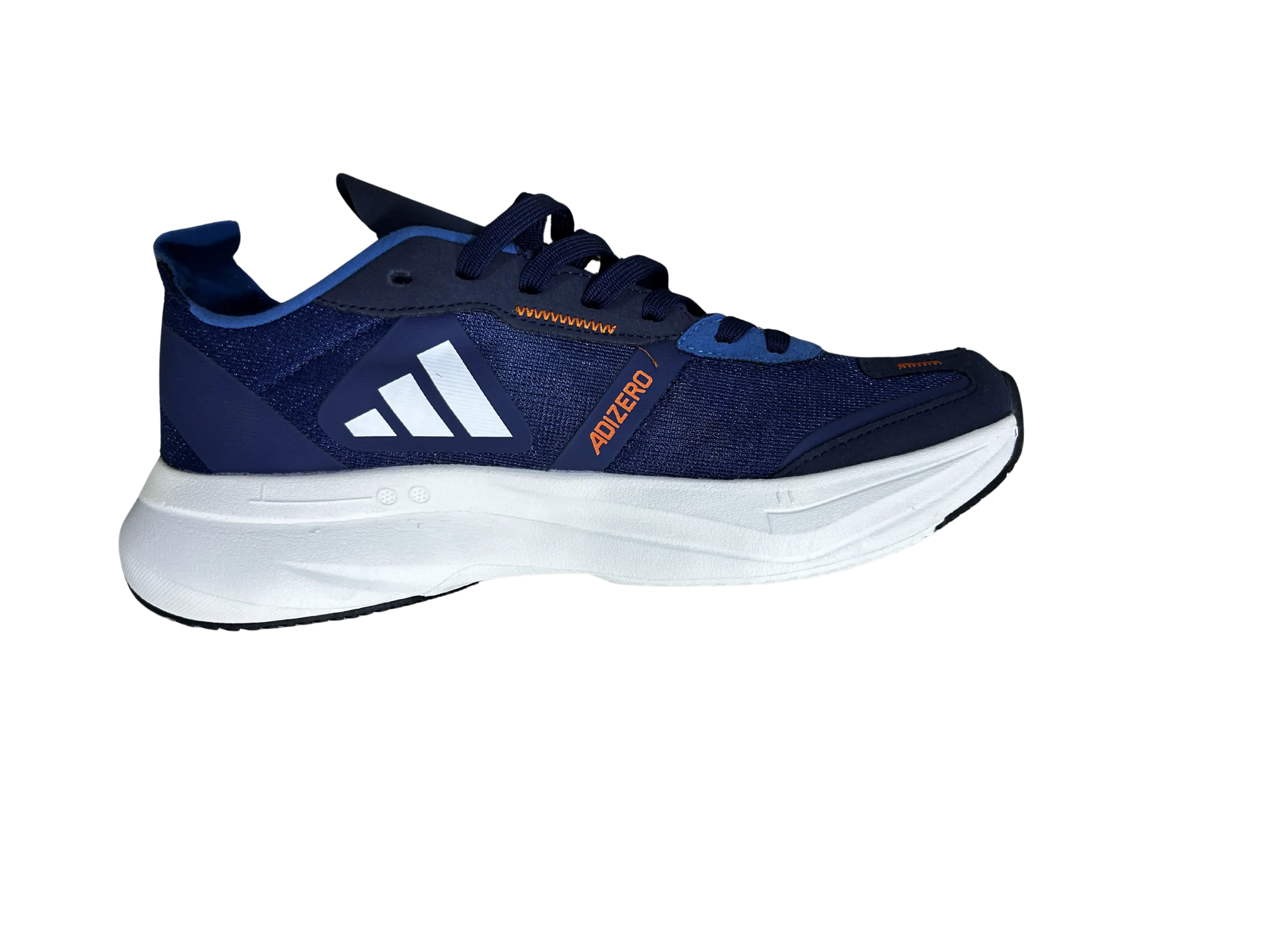A navy blue and white athletic sneaker shown from a side profile view against a solid white background. The shoe features a textured navy upper, a thick white midsole, and orange branding text reading 'APEZERO'.