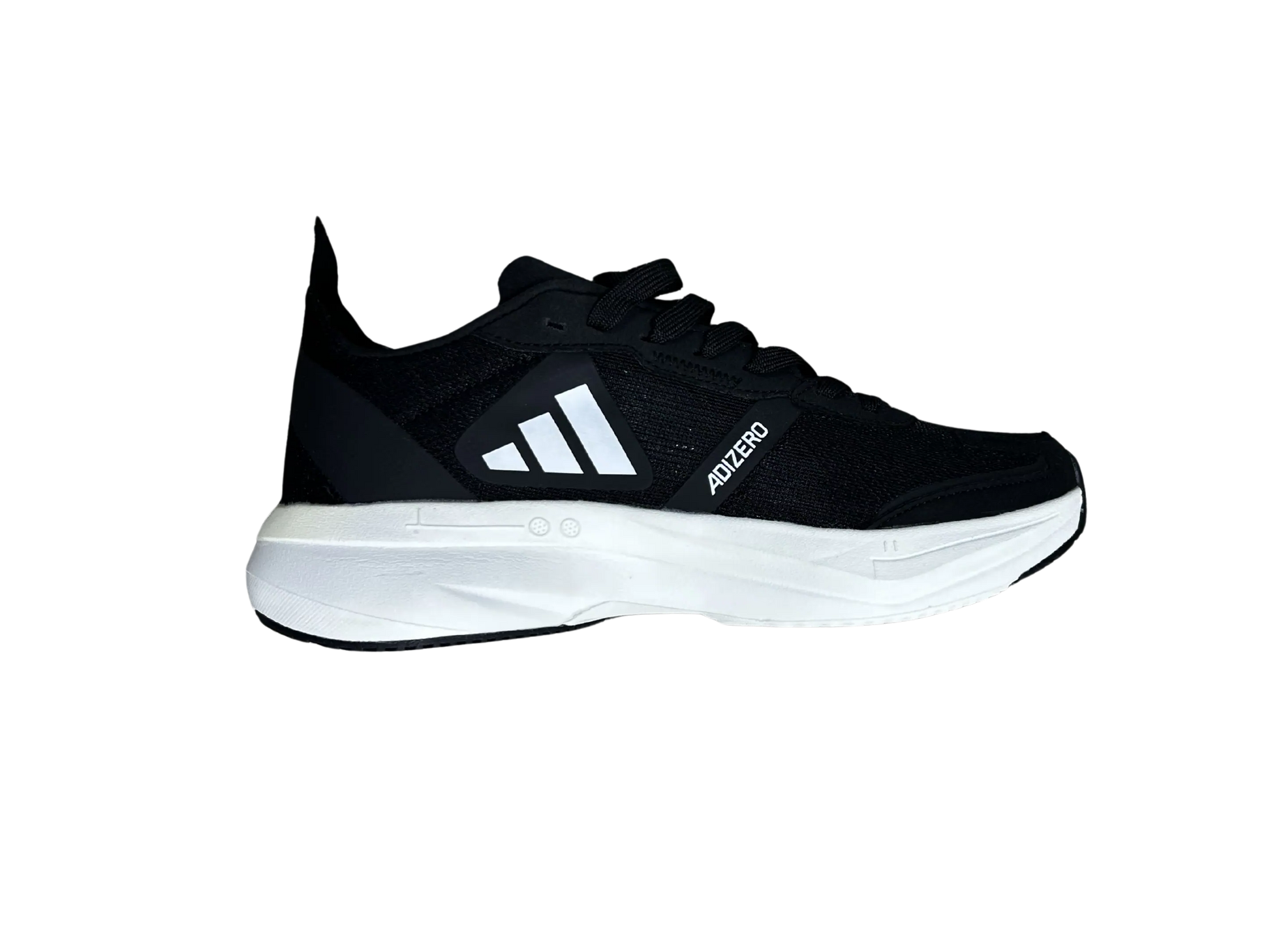 A black athletic sneaker shown in a side profile view against a solid white background. The shoe features a black mesh upper, a thick white midsole, and white graphic accents on the side.