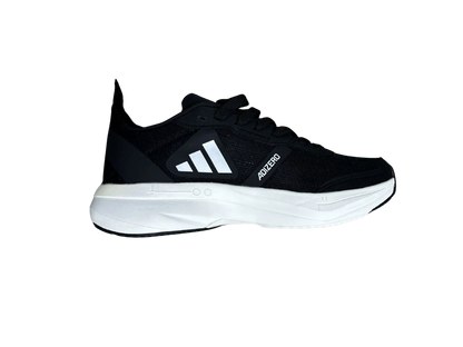 A black athletic sneaker shown in a side profile view against a solid white background. The shoe features a black mesh upper, a thick white midsole, and white graphic accents on the side.