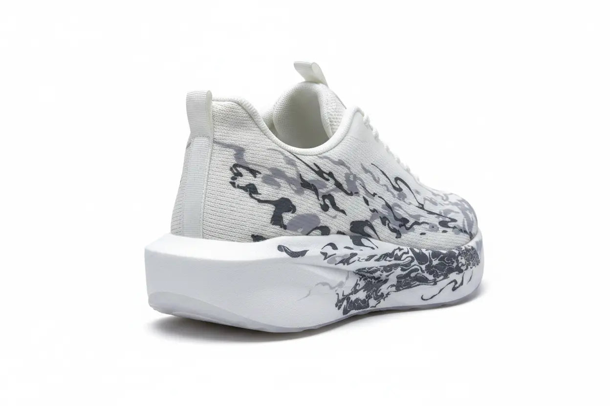 A white low-top sneaker with a black and gray abstract camouflage pattern on the upper and midsole, shown from a three-quarters rear angle on a white background.
