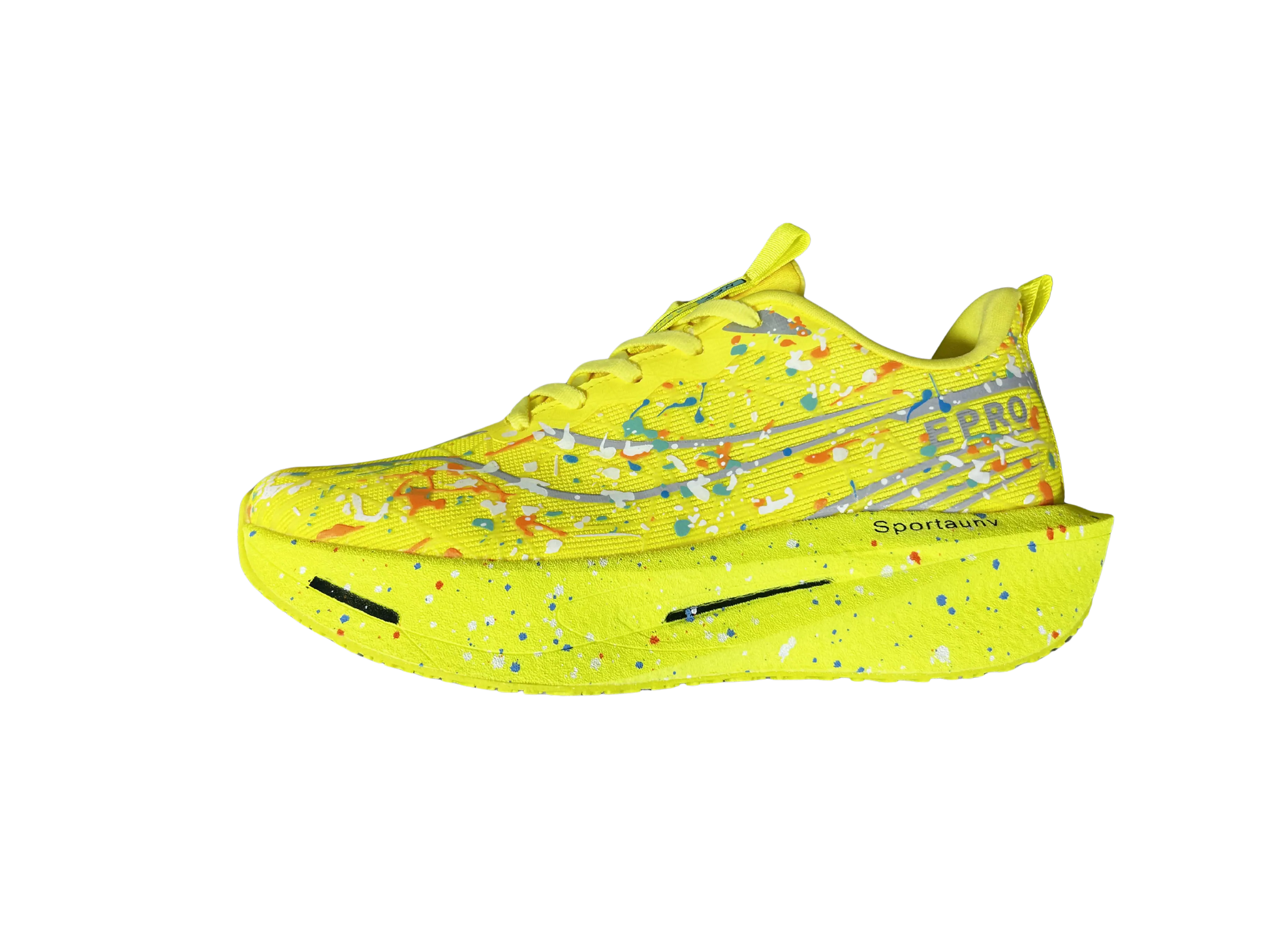 Yellow sports bag with colorful patterns on a white background