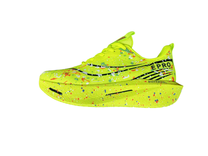 Neon green hood with colorful patterns and text on a white background