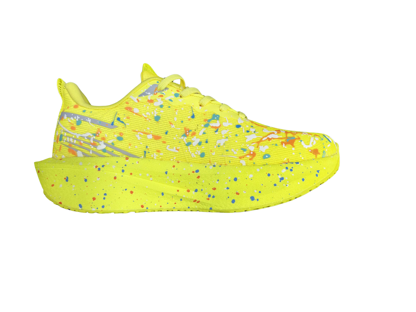A single neon yellow sneaker shown in a side profile view against a solid white background, featuring a vibrant paint splatter pattern in blue, orange, red, and white.
