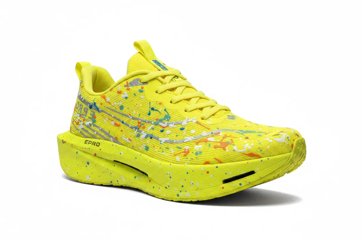 A bright yellow running shoe with multicolor paint splatter details on the upper, featuring a thick yellow midsole and yellow laces, shown against a plain white background.