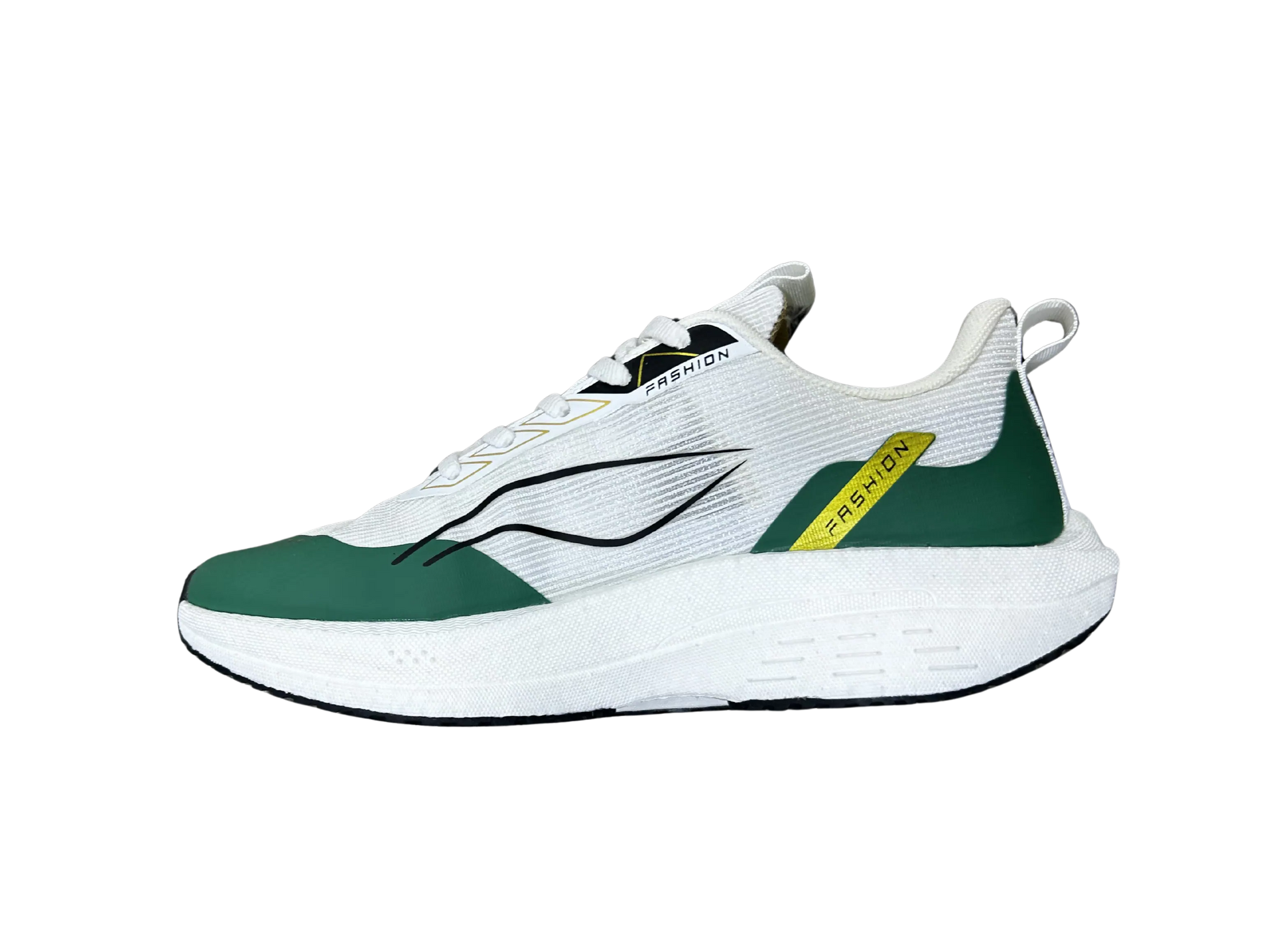 A white and dark green athletic sneaker shown from a side profile view against a plain white background.