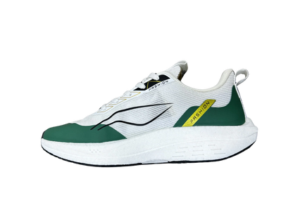 A white and dark green athletic sneaker shown from a side profile view against a plain white background.