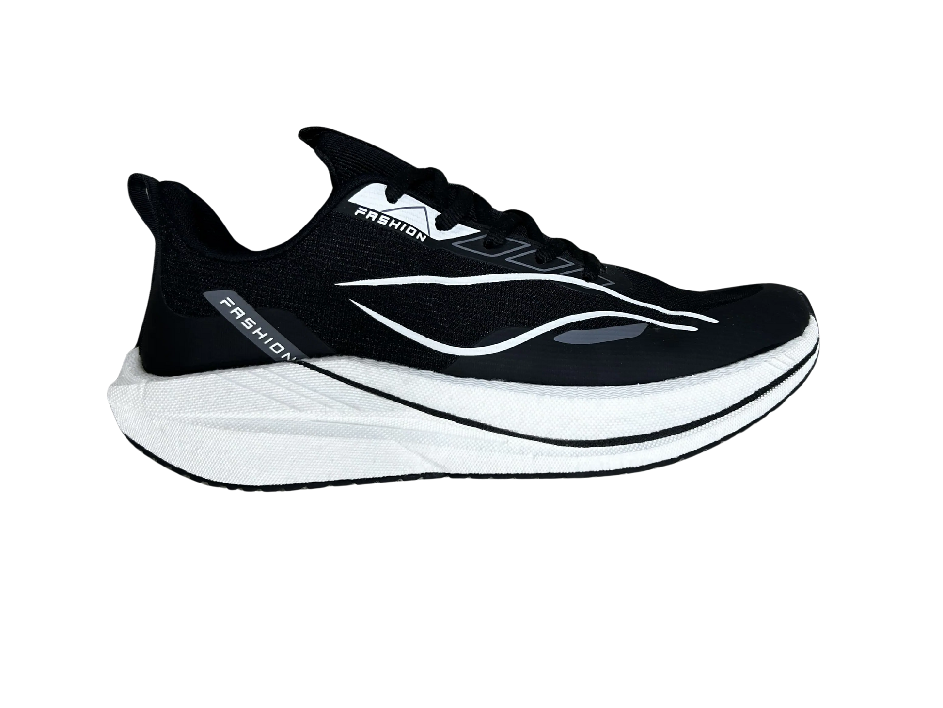 A black and white running shoe shown from a side profile view against a plain white background.