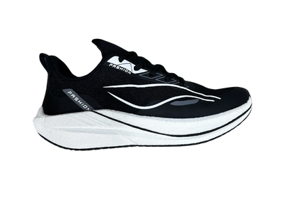A black and white running shoe shown from a side profile view against a plain white background.