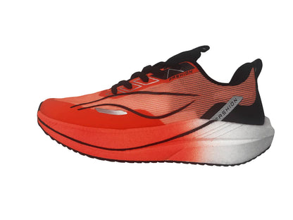 A single running shoe shown in a side profile view against a solid white background. The shoe features a vibrant orange and red gradient upper, black laces and heel counter, and a white and gray BoostX midsole.