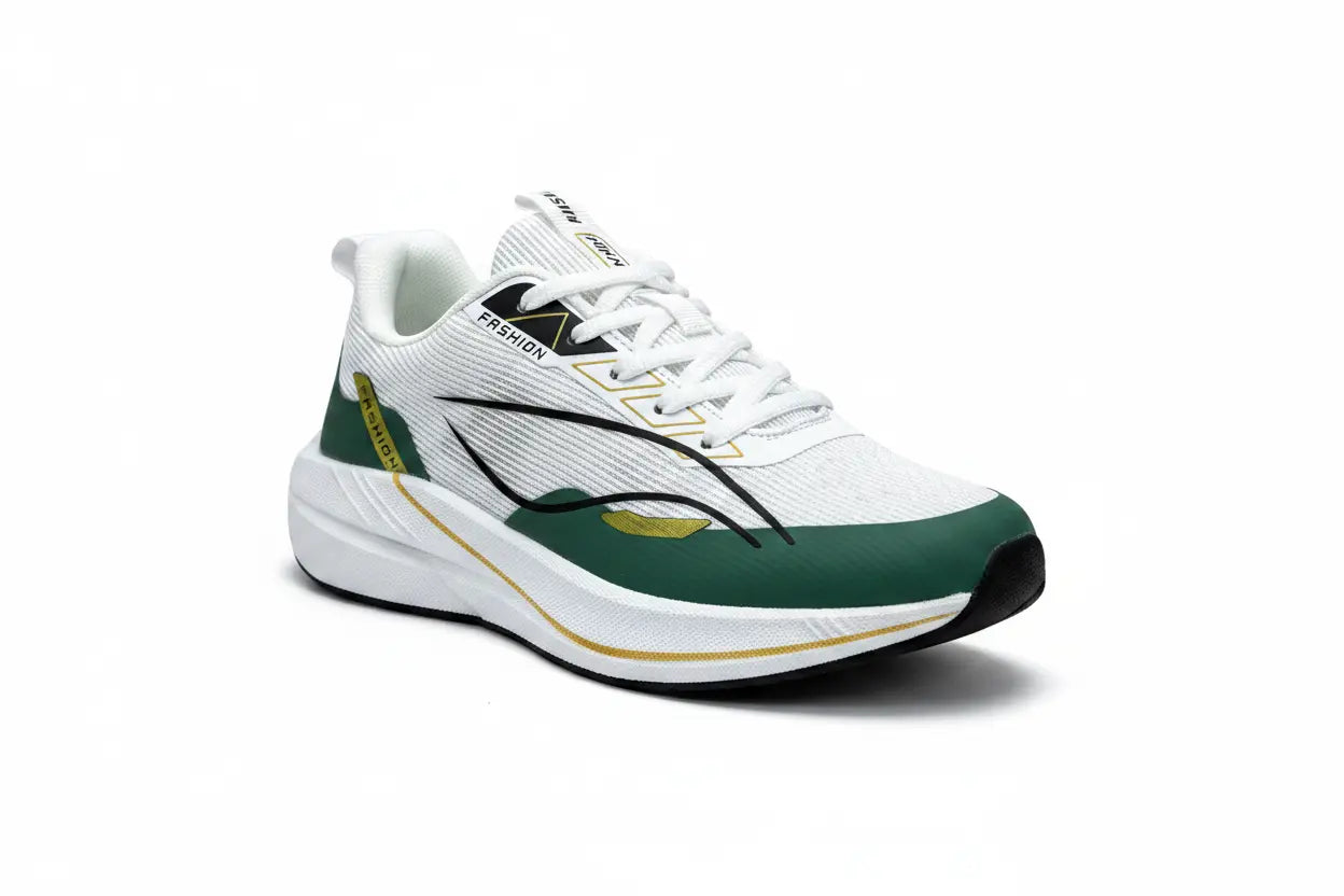 A white, green, and gold running shoe shown from a three-quarters angle on a clean white background.