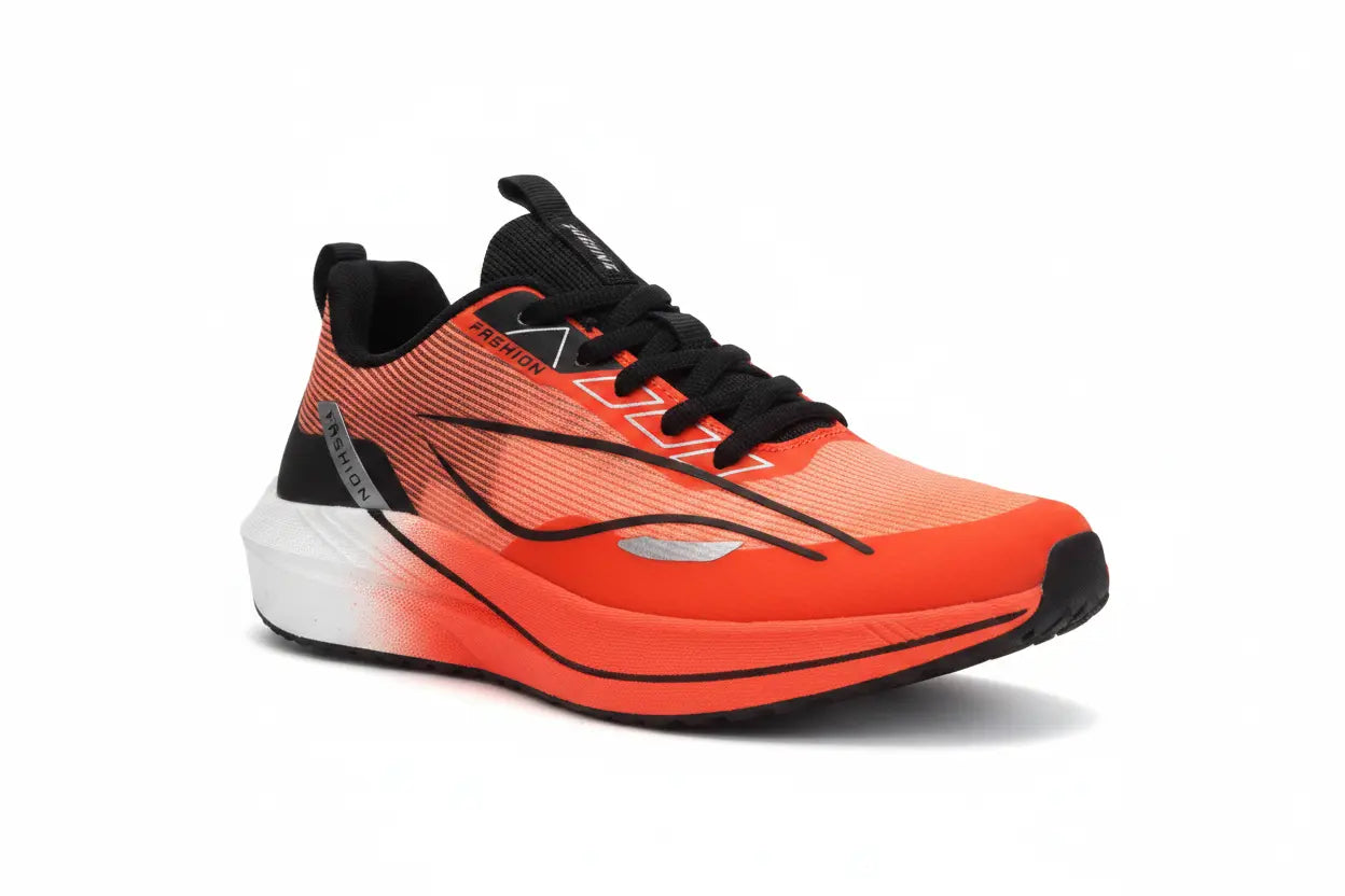 A single running shoe in vibrant orange and black, shown from a three-quarters angle on a clean white background.