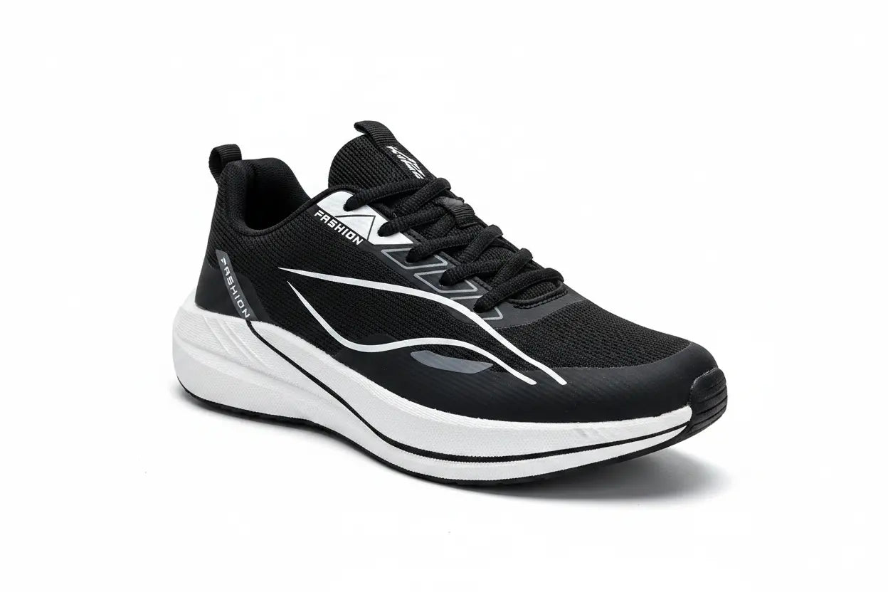 A black and white running shoe with a black mesh upper, black laces, and a thick white midsole, shown from a three-quarters angle on a white background.