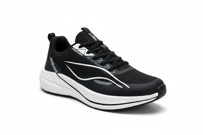 A black and white running shoe with a black mesh upper, black laces, and a thick white midsole, shown from a three-quarters angle on a white background.