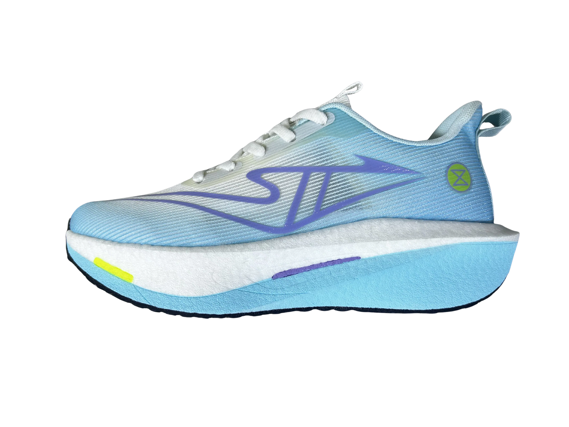 A light blue and white running shoe shown in a side profile view against a solid white background, featuring purple graphic details and a small lime green accent.