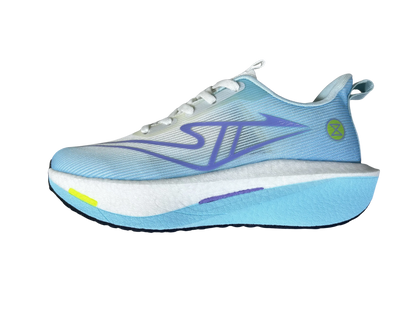 A light blue and white running shoe shown in a side profile view against a solid white background, featuring purple graphic details and a small lime green accent.