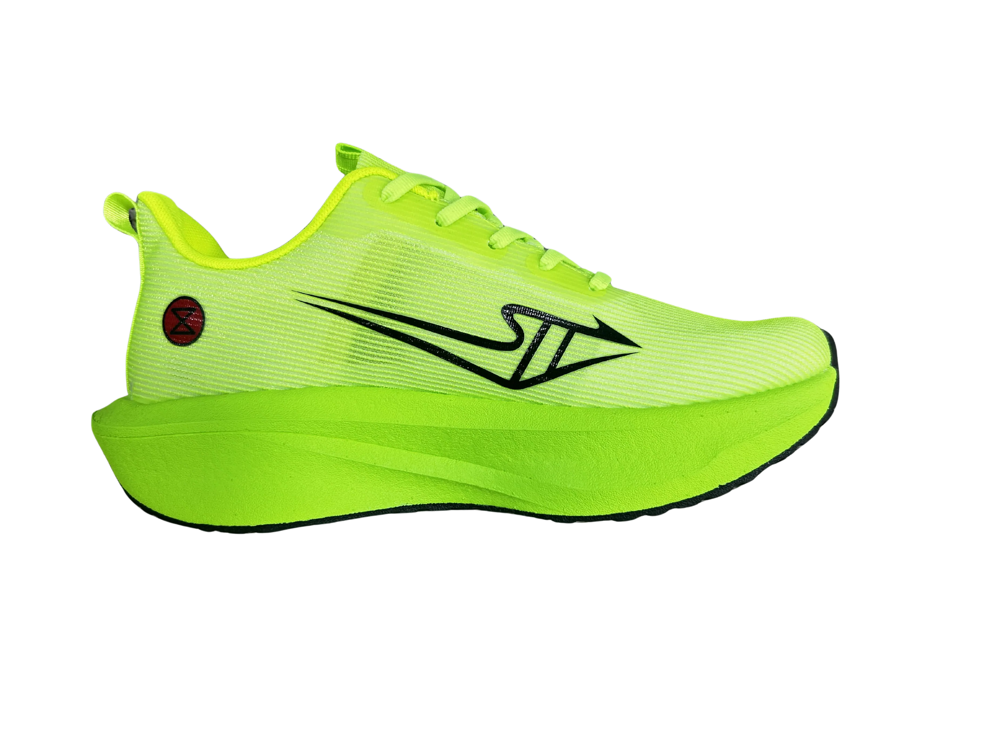 Bright green athletic shoe with black logo on a white background