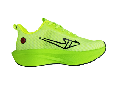 Bright green athletic shoe with black logo on a white background