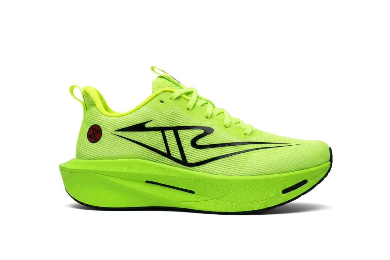 A bright neon yellow-green running shoe with black graphic accents and a thick matching midsole, shown in profile against a plain white background.