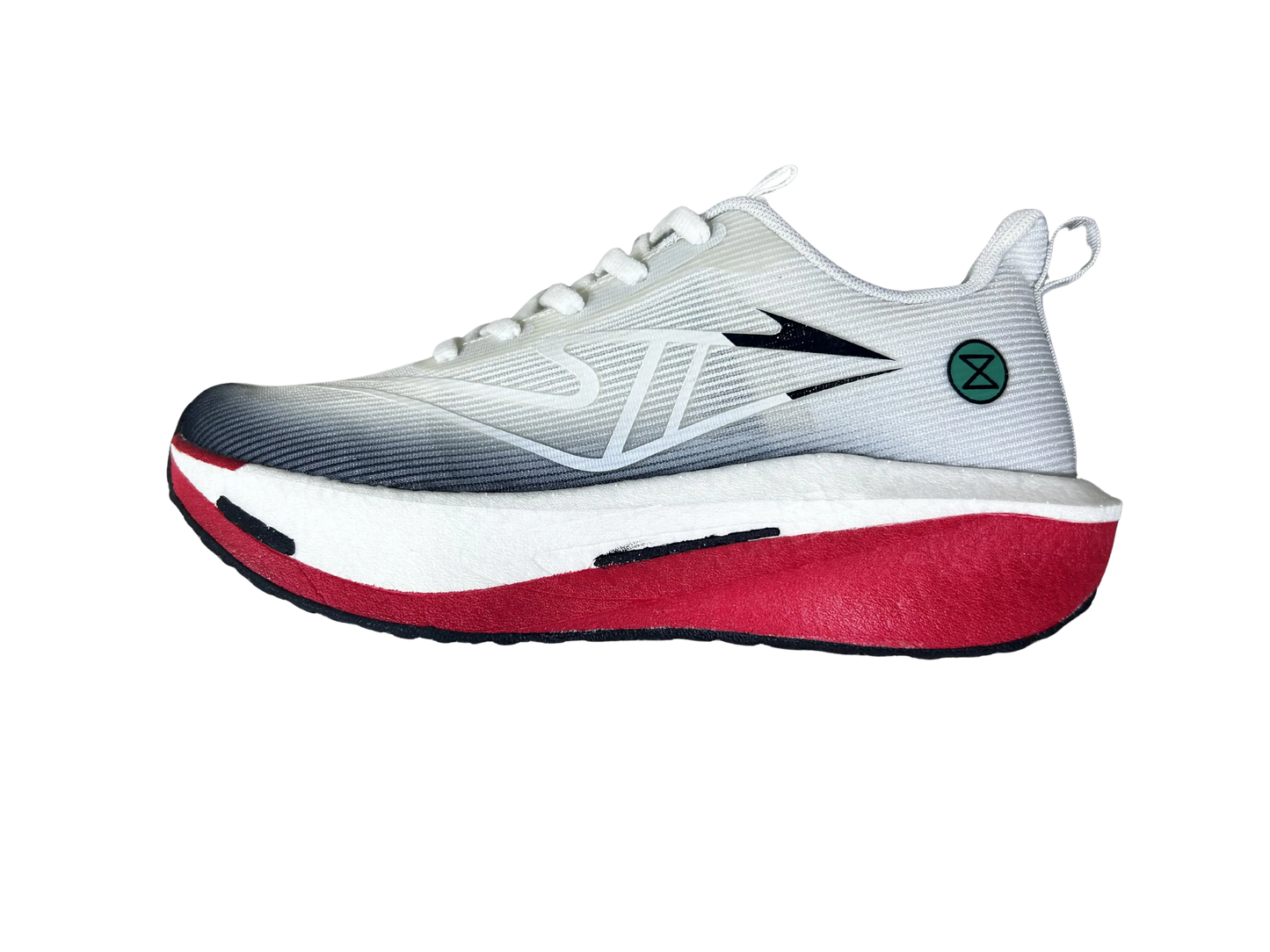 White running shoe with red and black accents on a white background