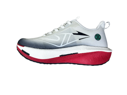 White running shoe with red and black accents on a white background