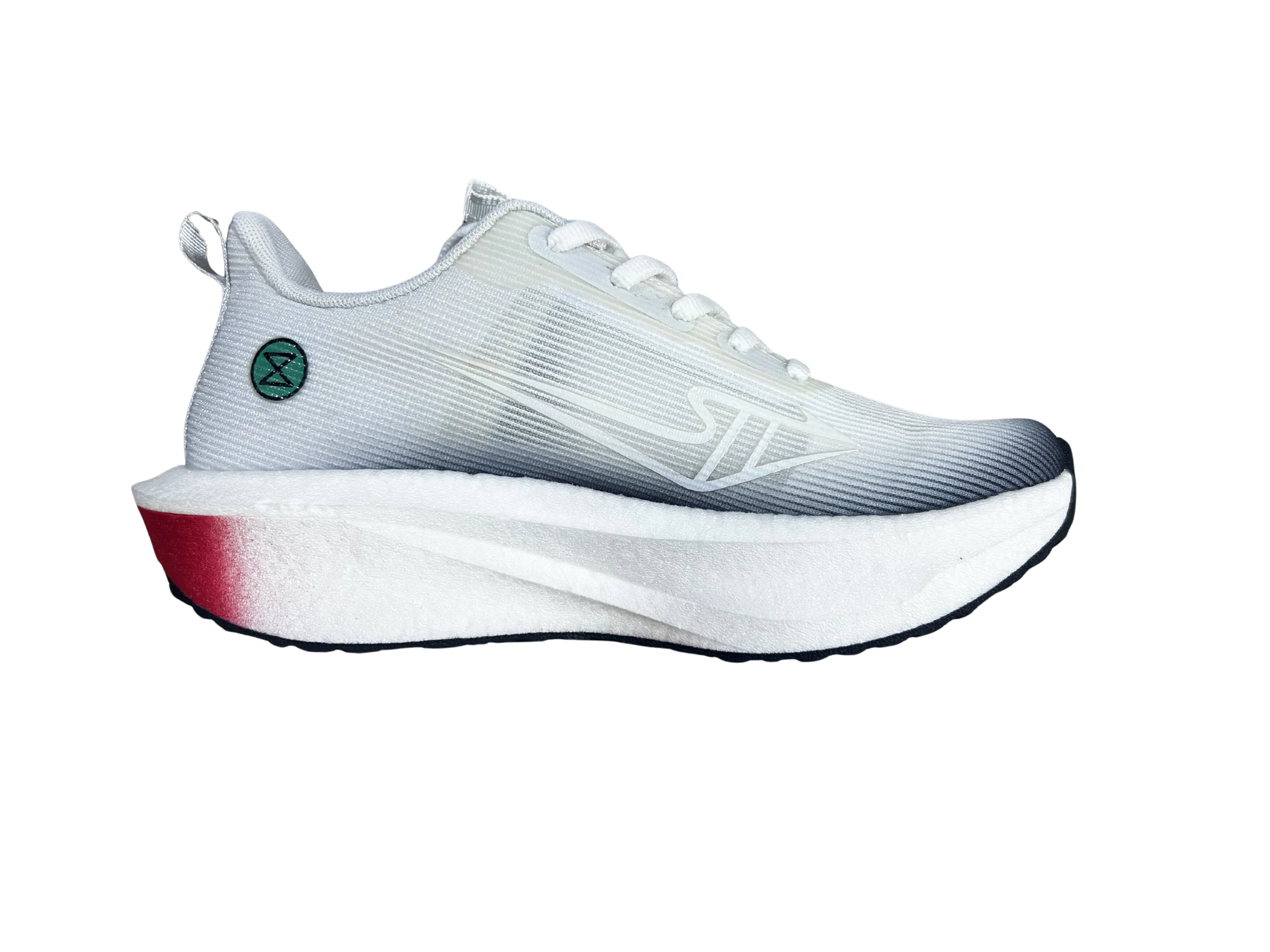 White athletic shoe with a red sole on a white background