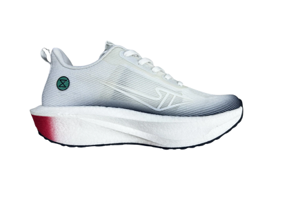 White athletic shoe with a red sole on a white background