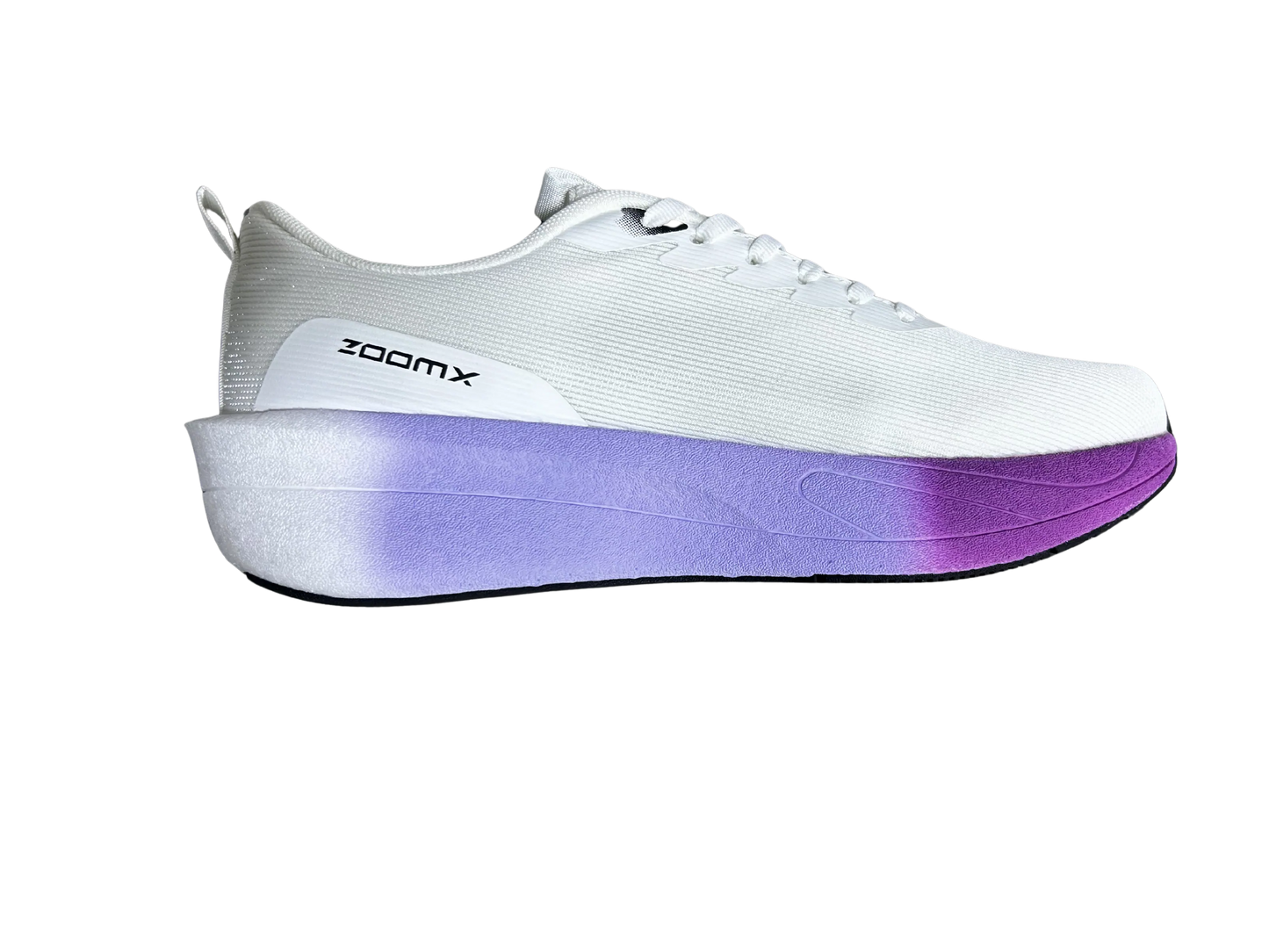 A white low-top sneaker with a thick platform sole featuring a purple gradient, shown from the side on a white background. The side of the shoe displays the 'zoomX' branding.