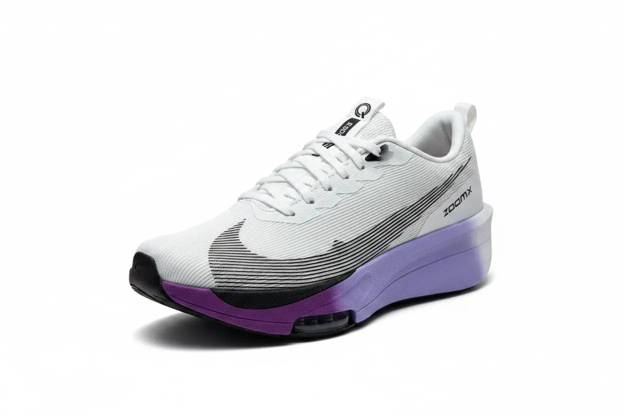 A Nike running shoe in white with a purple midsole and purple toe cap, featuring a black swoosh and black outsole.
