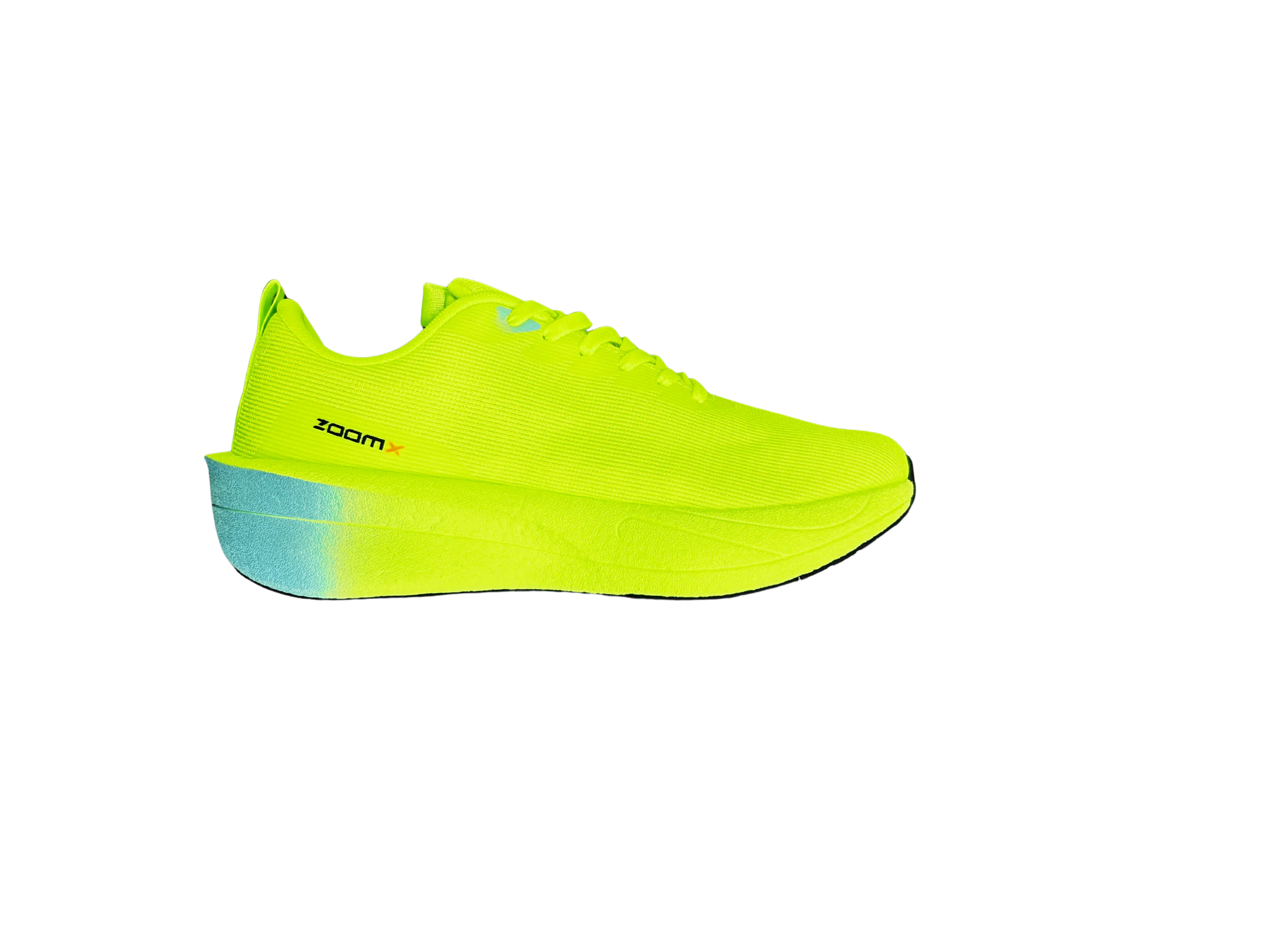 A single neon yellow-green running shoe shown in side profile on a solid white background, featuring a gradient heel and a small black 'ZOOMX' logo on the side.