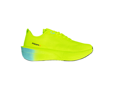 A single neon yellow-green running shoe shown in side profile on a solid white background, featuring a gradient heel and a small black 'ZOOMX' logo on the side.
