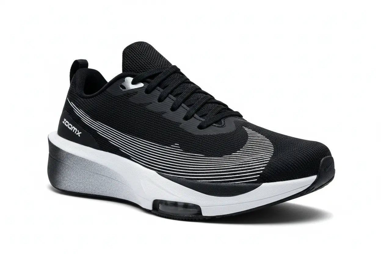 A Nike running shoe in black and white, featuring a black mesh upper, a black Swoosh with horizontal gray stripes, a black heel, and a white midsole with a visible air cushion unit.