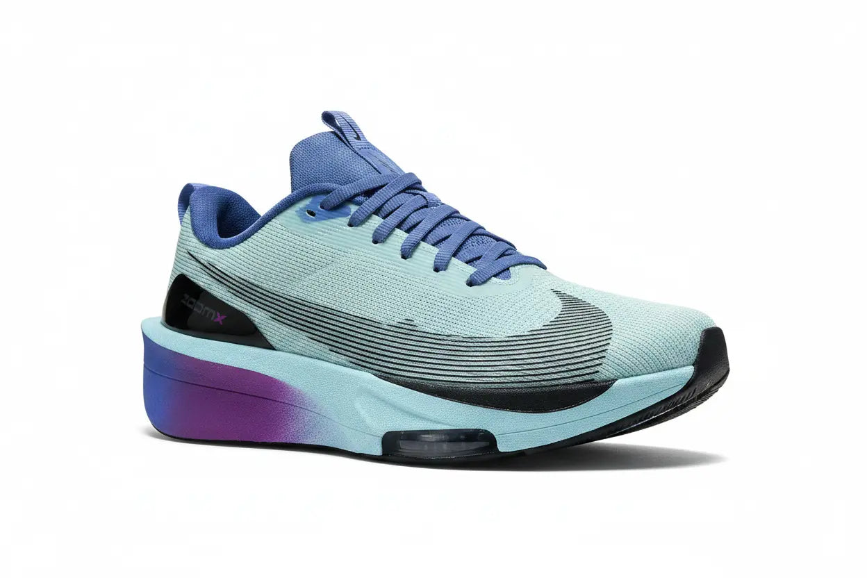 A Nike athletic sneaker in light blue with a purple-to-blue gradient heel, black accents, and blue laces, shown from a side profile on a white background.