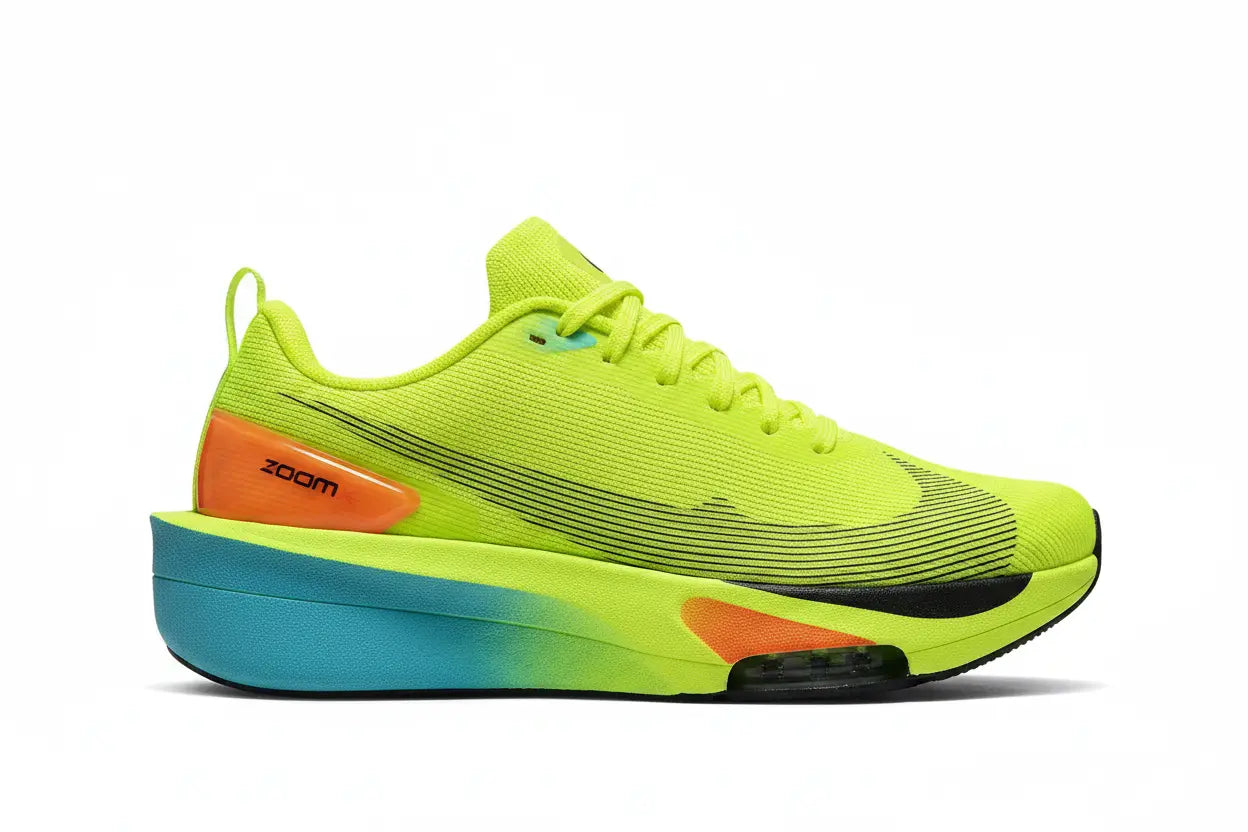 A Nike running shoe in neon yellow-green with a black swoosh, an orange heel accent, and a blue-to-turquoise gradient midsole on a white background.