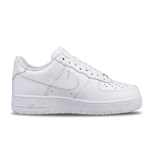 A classic white Nike Air Force 1 sneaker shown from a side profile view against a clean white background.