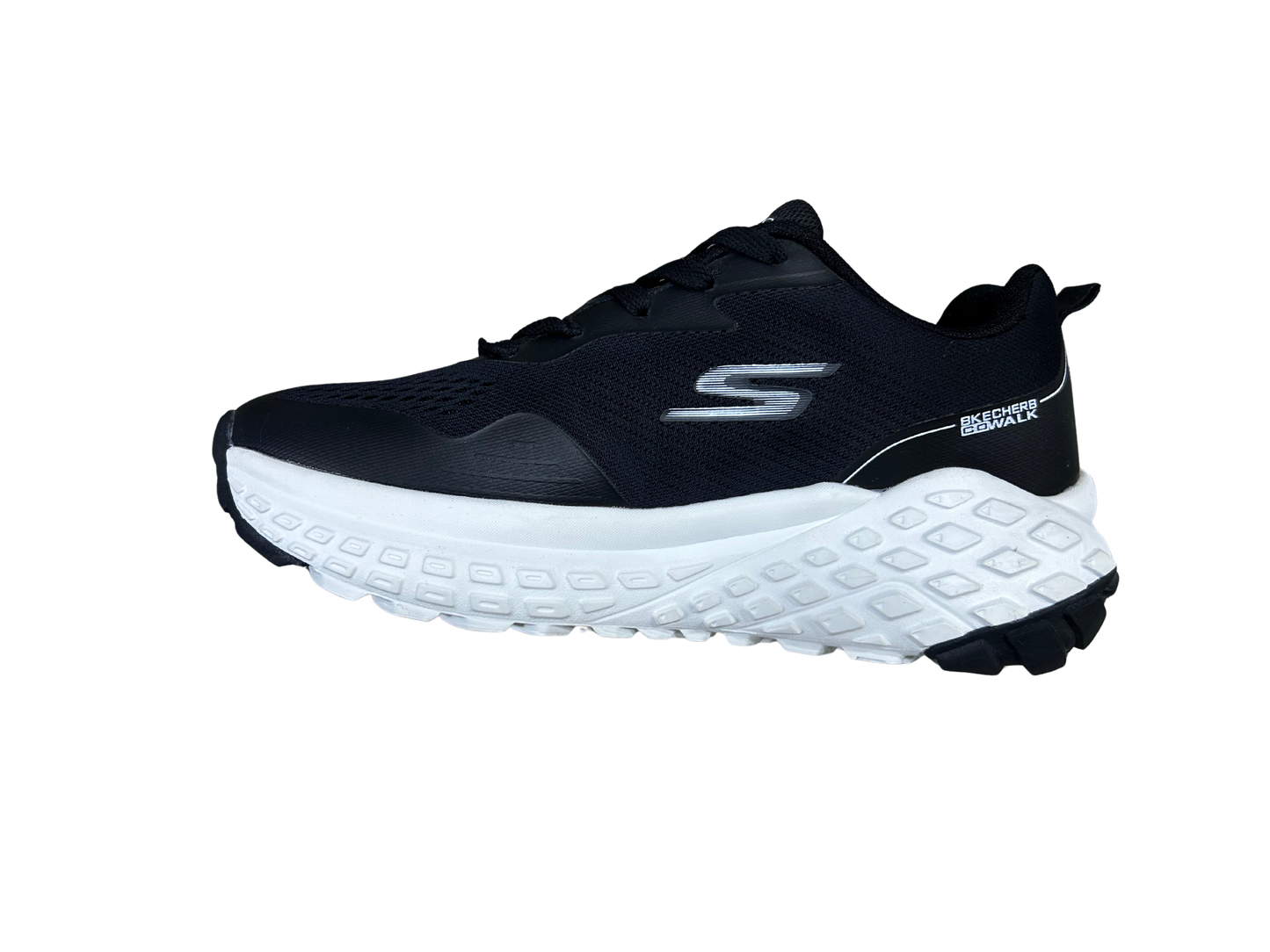 A Skechers running shoe shown from a side profile view, featuring a black mesh upper, a gray logo, and a thick white textured midsole and outsole, set against a plain white background.