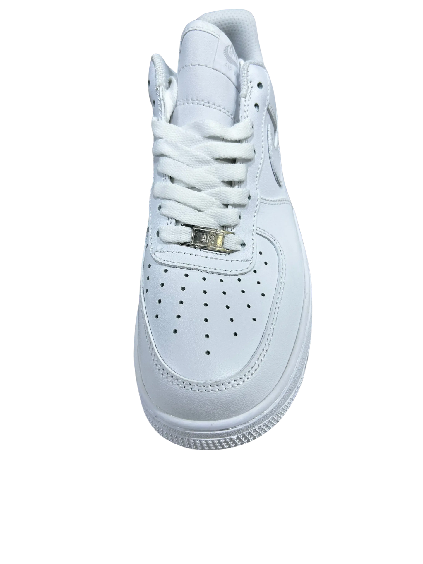 A white leather high-top sneaker with white laces and a small gold metal accent on the lacing system, shown from a top-down view on a white background.