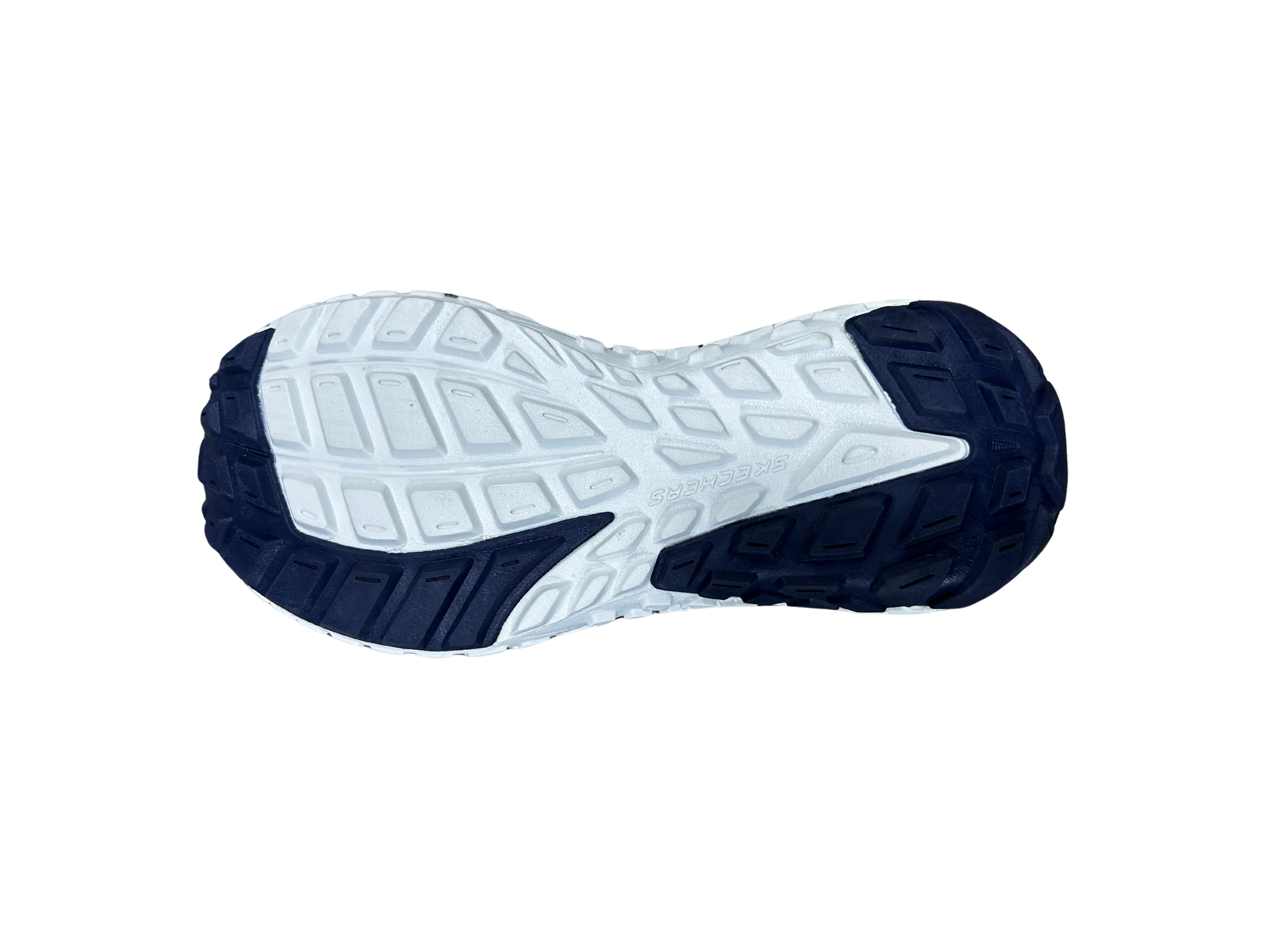 A top-down view of a running shoe's sole, featuring a white textured midsole with dark navy blue outsole sections at the heel and toe, on a solid white background.