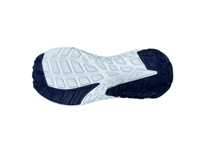 A top-down view of a running shoe's sole, featuring a white textured midsole with dark navy blue outsole sections at the heel and toe, on a solid white background.