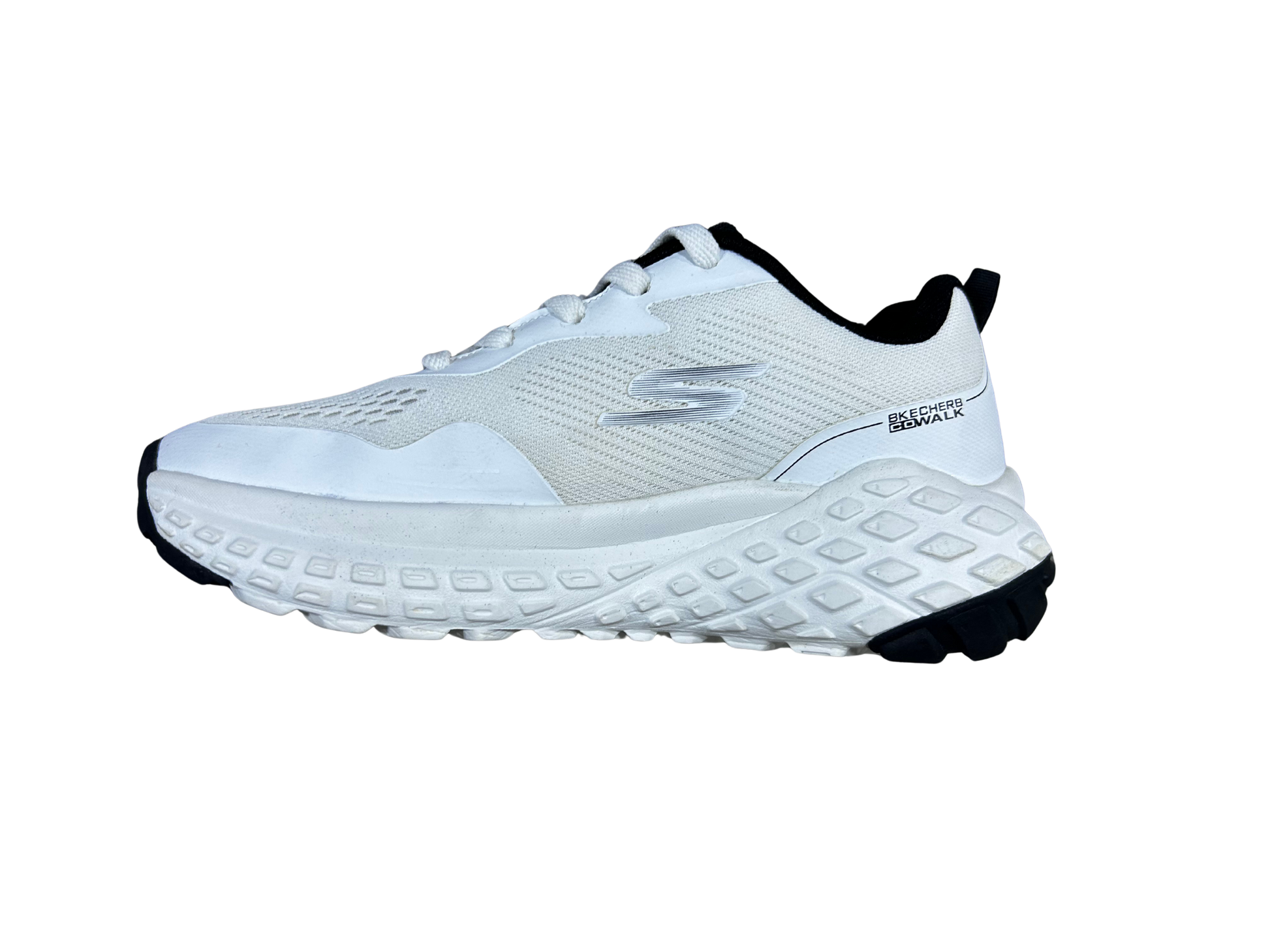 A white athletic sneaker with black accents on the heel, collar, and outsole, shown from a side profile view against a plain white background.