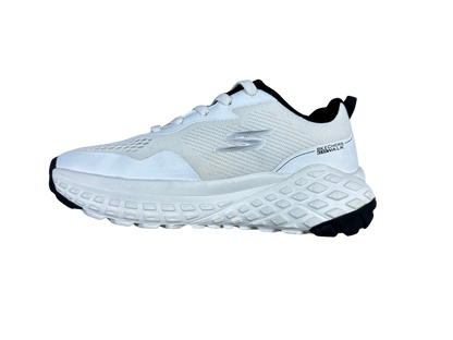 A white athletic sneaker with black accents on the heel, collar, and outsole, shown from a side profile view against a plain white background.
