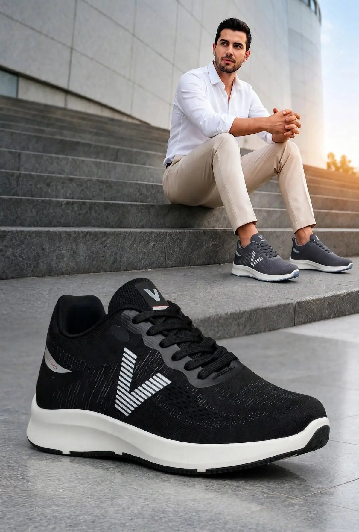 CM-553 triple white V-stripe runner sneaker side view