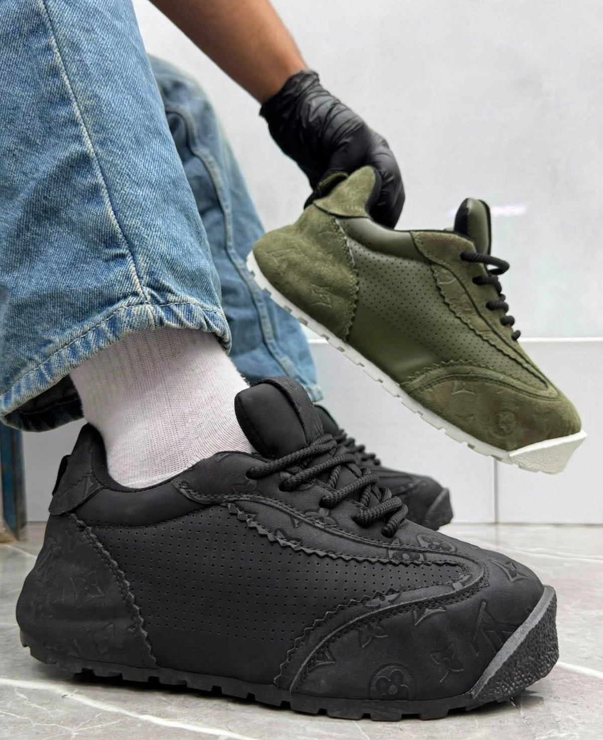 LV Monogram Style olive suede runner sneaker