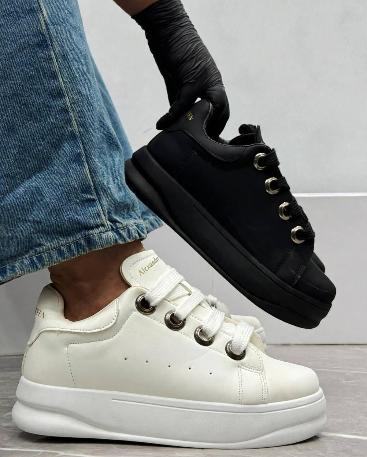Alexander McQueen Style white gunmetal sneaker detail