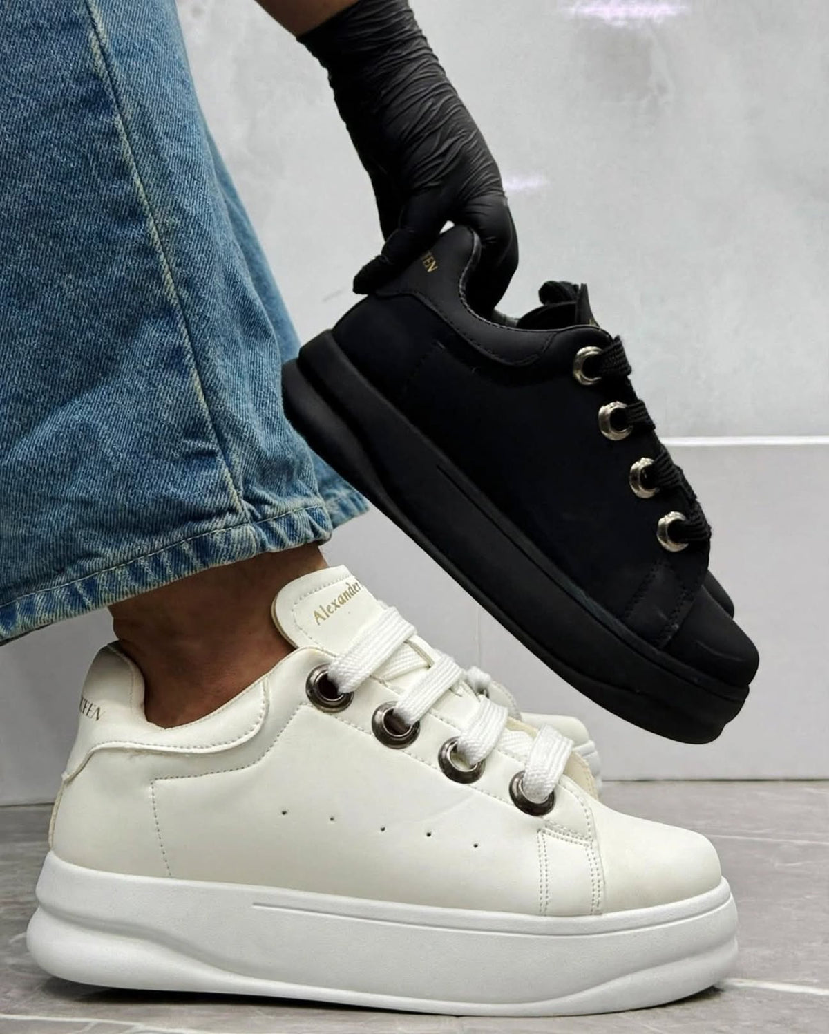 Alexander McQueen Style triple white oversized sneaker detail